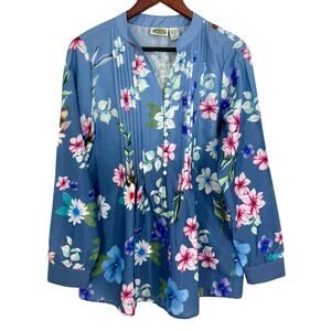 NEW Collection Etc. Sz Medium Wearable Art Blue Pink Floral Blouse Shirt Top